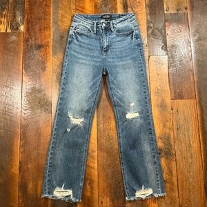 Judy Blue Distressed Straight Leg Jeans Women’s Size 3/26 Medium Wash  Raw Hem